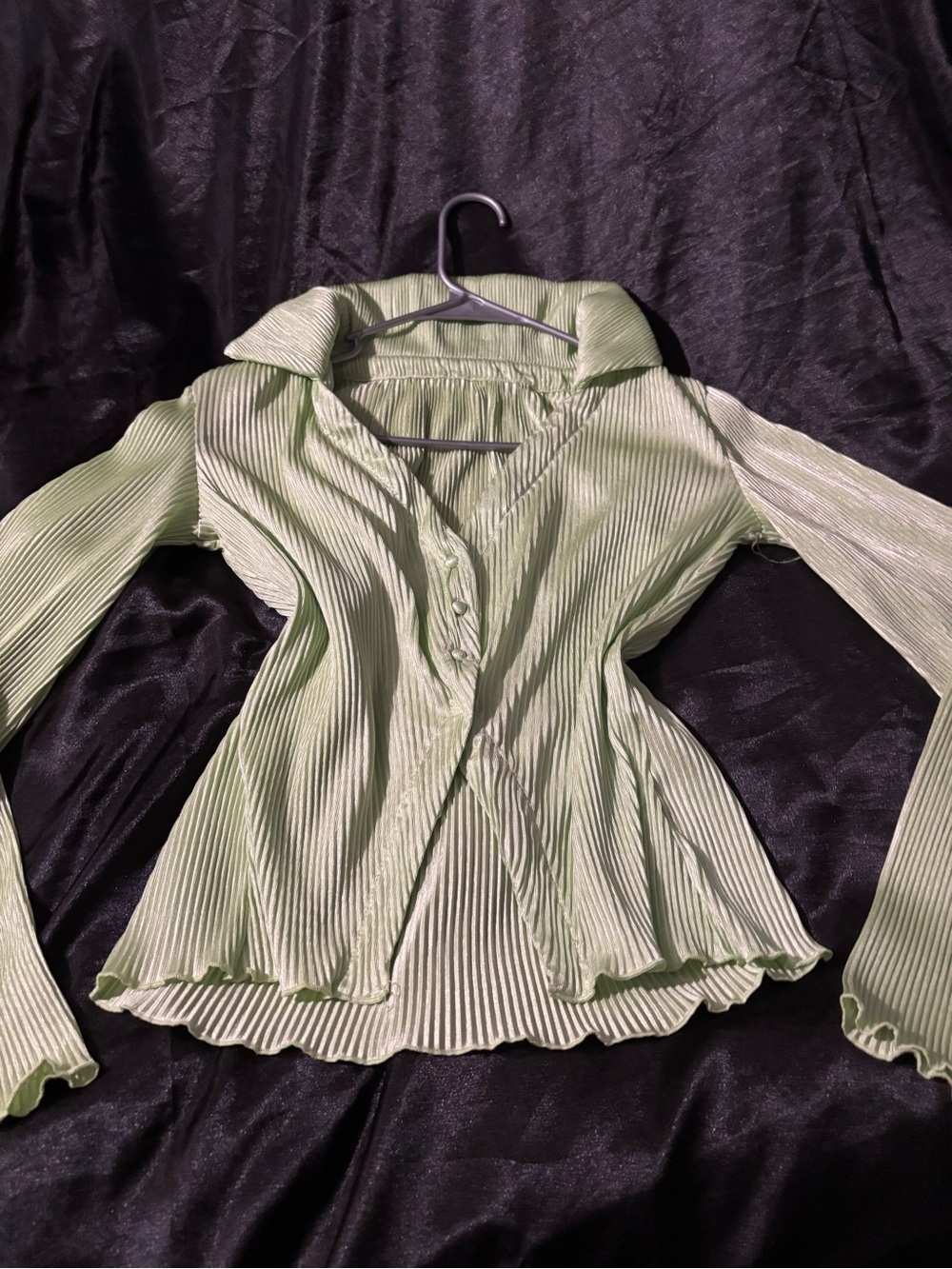 Pleated Light Green Blouse with Collared V-Neck